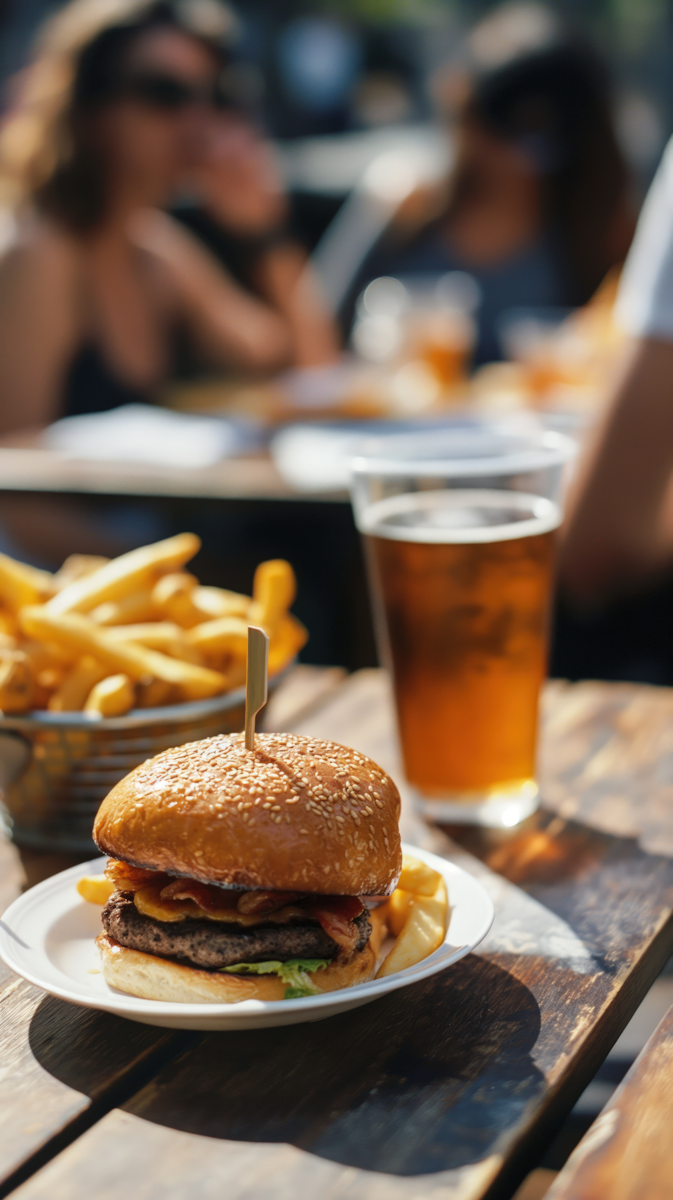 Hamburguer e bebida no atendimento