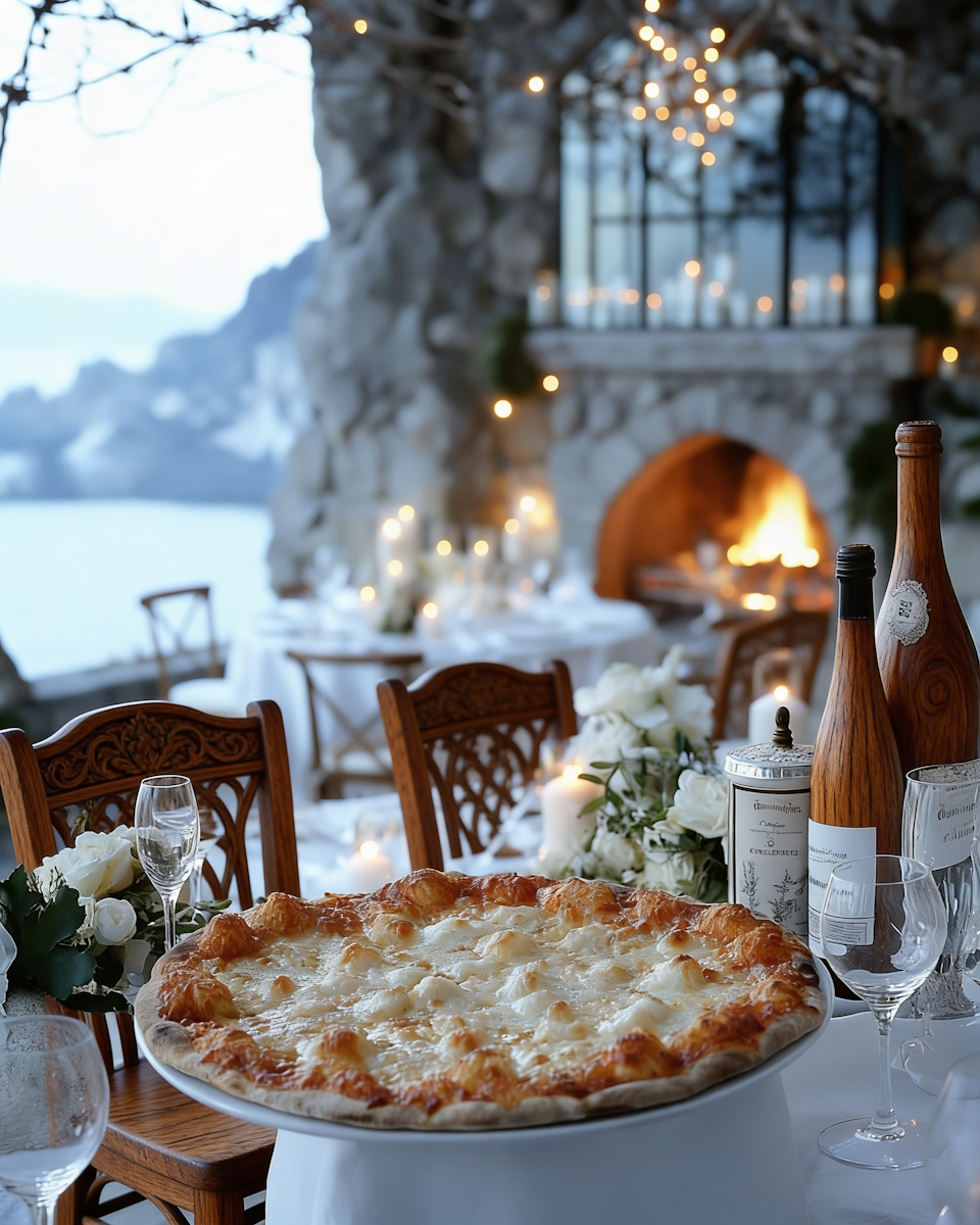 Restaurante elegante com pizza e vinhos